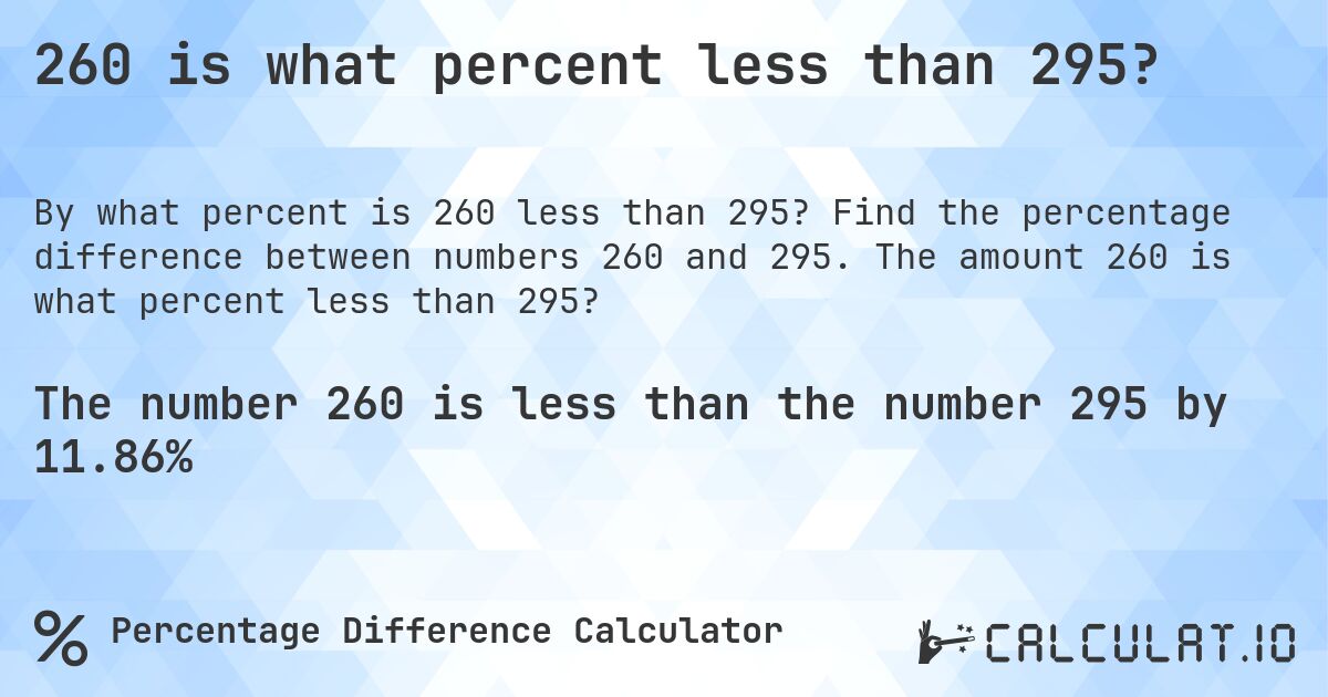 260 is what percent less than 295?. Find the percentage difference between numbers 260 and 295. The amount 260 is what percent less than 295?