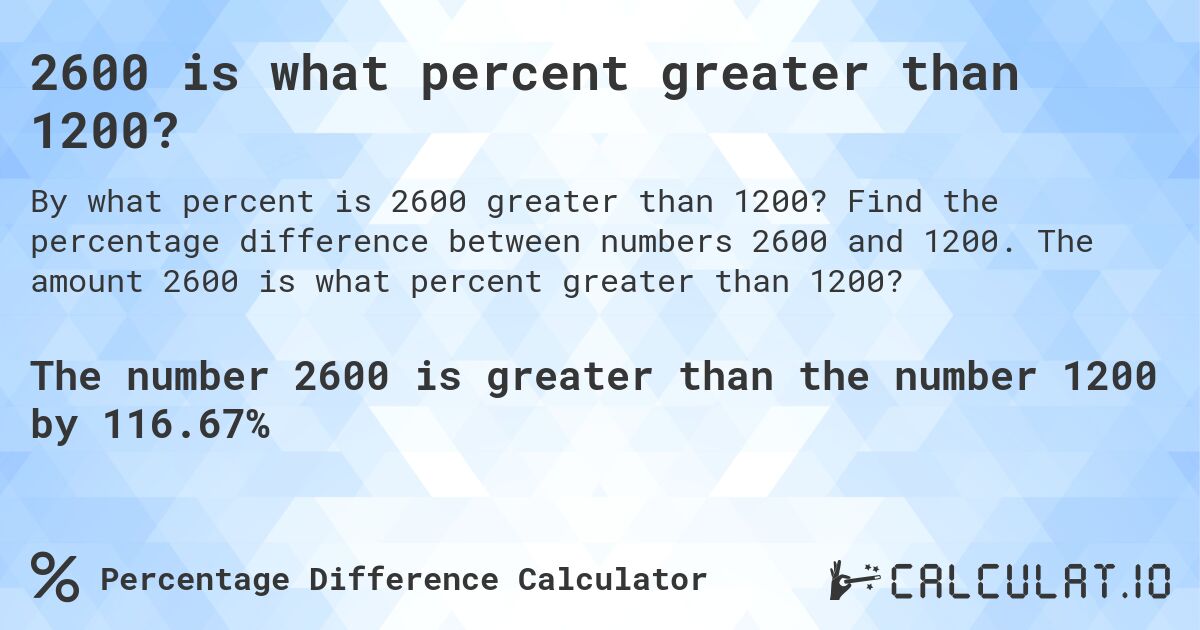 2600 is what percent greater than 1200?. Find the percentage difference between numbers 2600 and 1200. The amount 2600 is what percent greater than 1200?