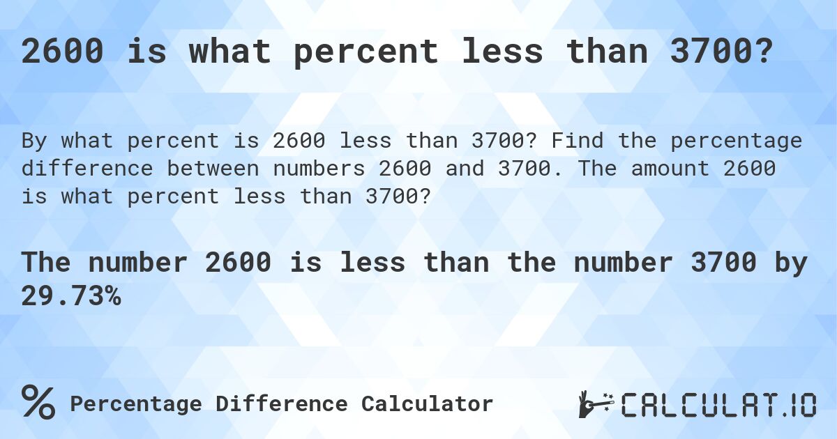 2600 is what percent less than 3700?. Find the percentage difference between numbers 2600 and 3700. The amount 2600 is what percent less than 3700?