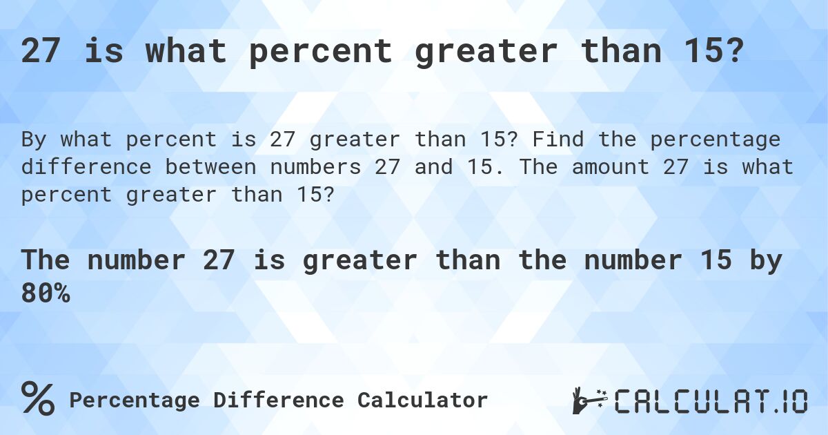 27 is what percent greater than 15?. Find the percentage difference between numbers 27 and 15. The amount 27 is what percent greater than 15?