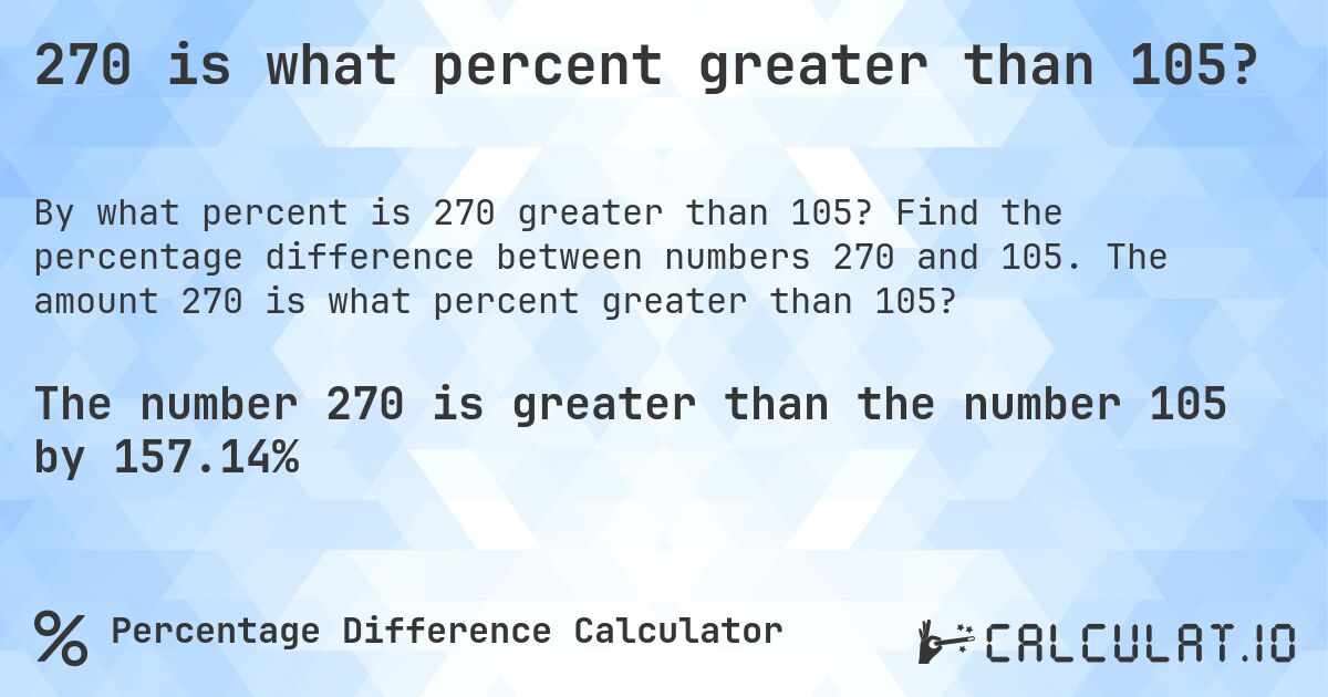 270 is what percent greater than 105?. Find the percentage difference between numbers 270 and 105. The amount 270 is what percent greater than 105?