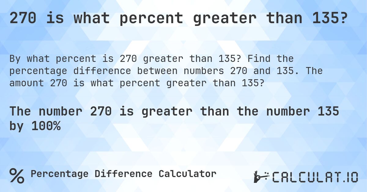 270 is what percent greater than 135?. Find the percentage difference between numbers 270 and 135. The amount 270 is what percent greater than 135?