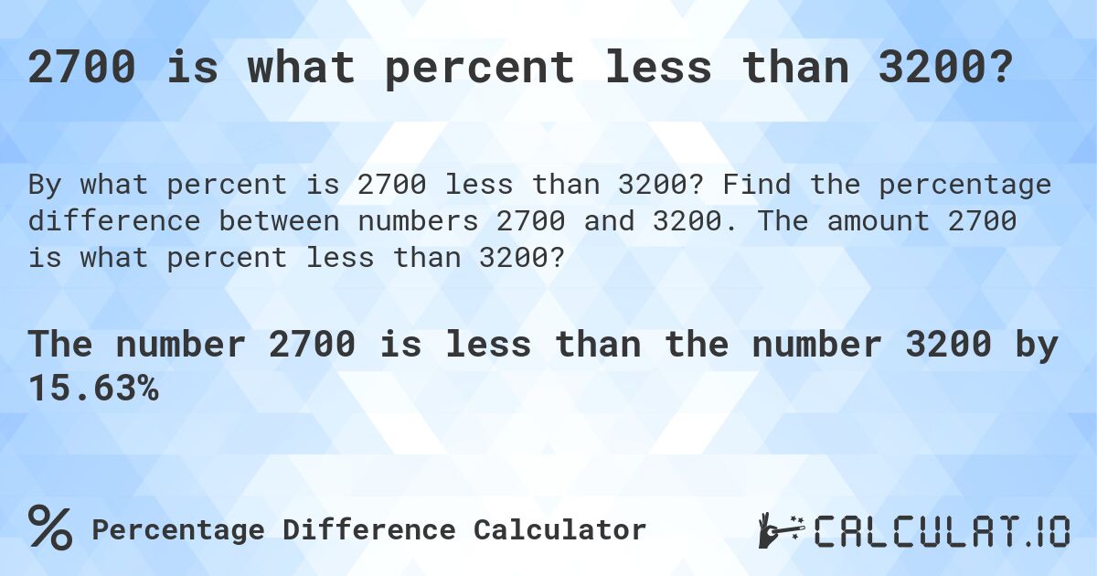 2700 is what percent less than 3200?. Find the percentage difference between numbers 2700 and 3200. The amount 2700 is what percent less than 3200?
