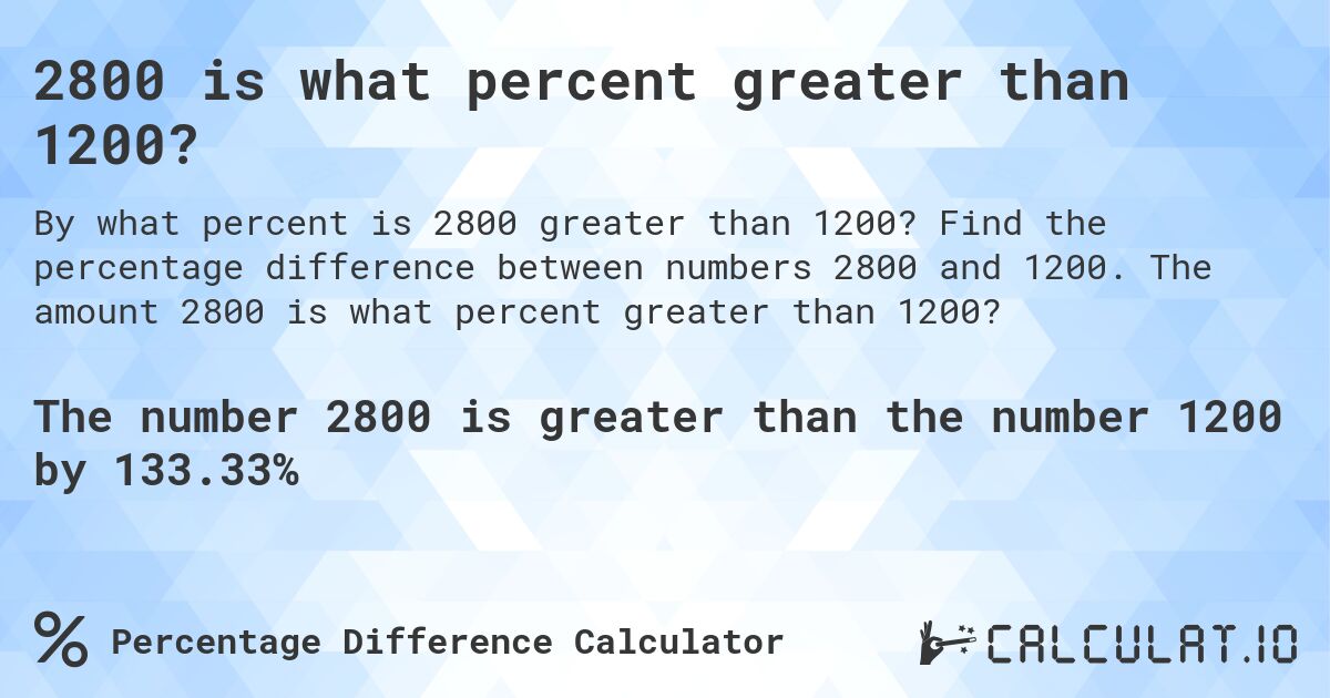 2800 is what percent greater than 1200?. Find the percentage difference between numbers 2800 and 1200. The amount 2800 is what percent greater than 1200?