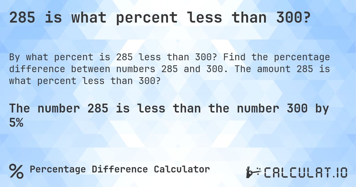 285 is what percent less than 300?. Find the percentage difference between numbers 285 and 300. The amount 285 is what percent less than 300?