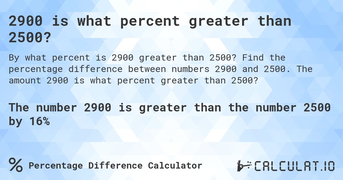 2900 is what percent greater than 2500?. Find the percentage difference between numbers 2900 and 2500. The amount 2900 is what percent greater than 2500?