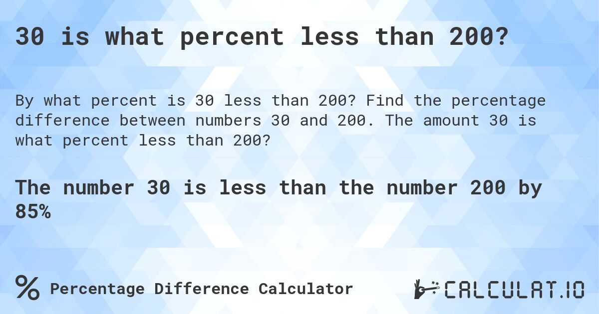 30 is what percent less than 200?. Find the percentage difference between numbers 30 and 200. The amount 30 is what percent less than 200?