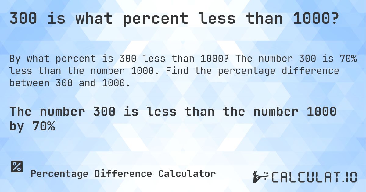 300 is what percent less than 1000?. The number 300 is 70% less than the number 1000. Find the percentage difference between 300 and 1000.