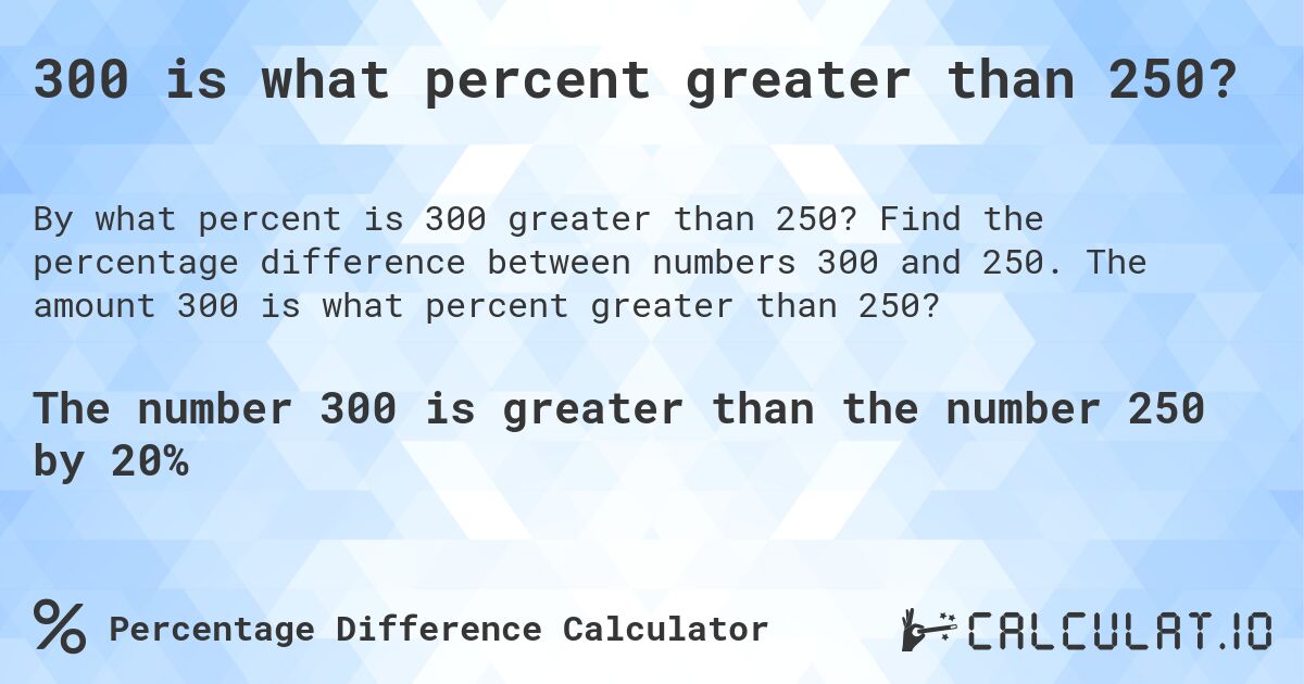 300 is what percent greater than 250?. Find the percentage difference between numbers 300 and 250. The amount 300 is what percent greater than 250?