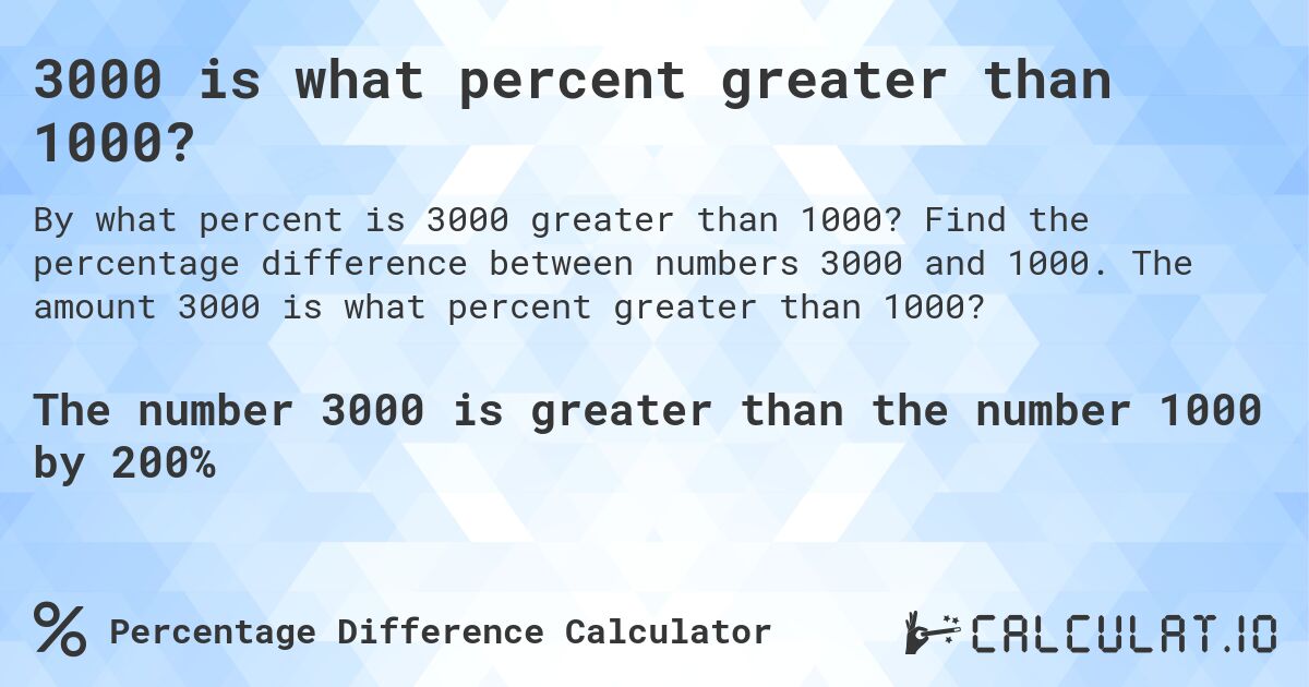 3000 is what percent greater than 1000?. Find the percentage difference between numbers 3000 and 1000. The amount 3000 is what percent greater than 1000?