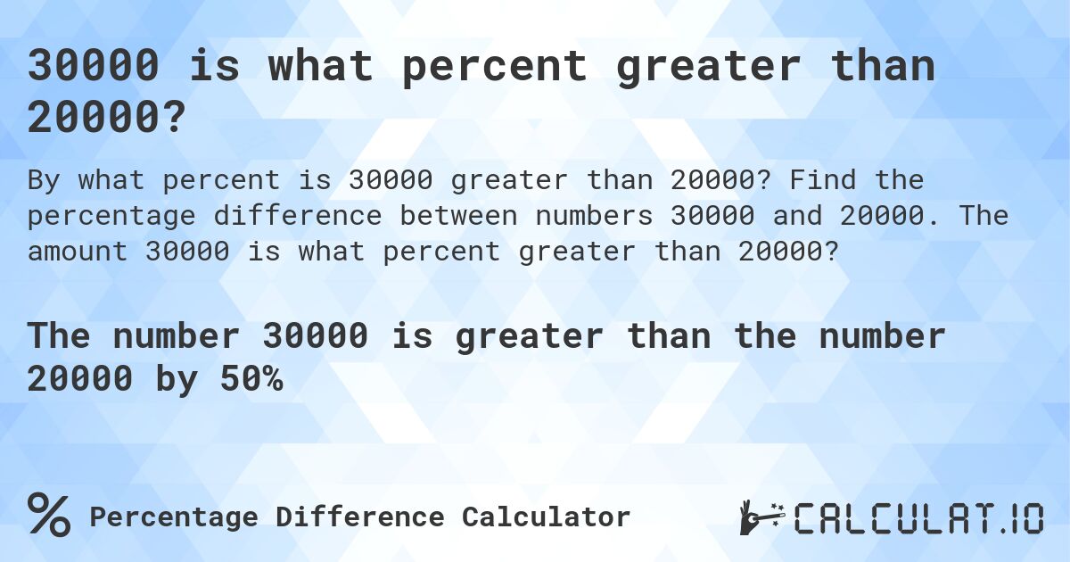 30000 is what percent greater than 20000?. Find the percentage difference between numbers 30000 and 20000. The amount 30000 is what percent greater than 20000?