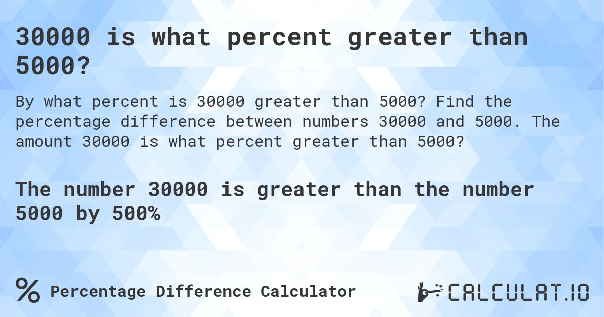 30000 is what percent greater than 5000?. Find the percentage difference between numbers 30000 and 5000. The amount 30000 is what percent greater than 5000?