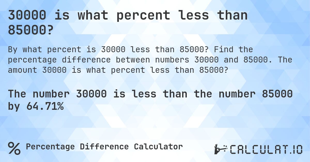 30000 is what percent less than 85000?. Find the percentage difference between numbers 30000 and 85000. The amount 30000 is what percent less than 85000?