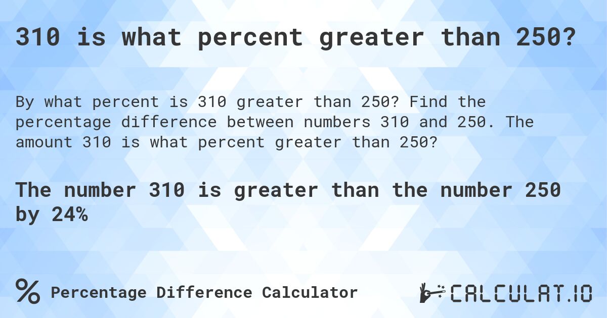 310 is what percent greater than 250?. Find the percentage difference between numbers 310 and 250. The amount 310 is what percent greater than 250?