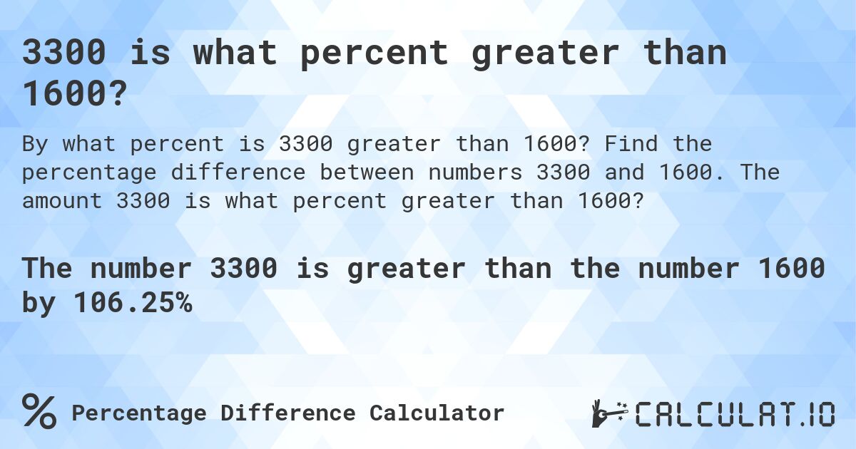 3300 is what percent greater than 1600?. Find the percentage difference between numbers 3300 and 1600. The amount 3300 is what percent greater than 1600?