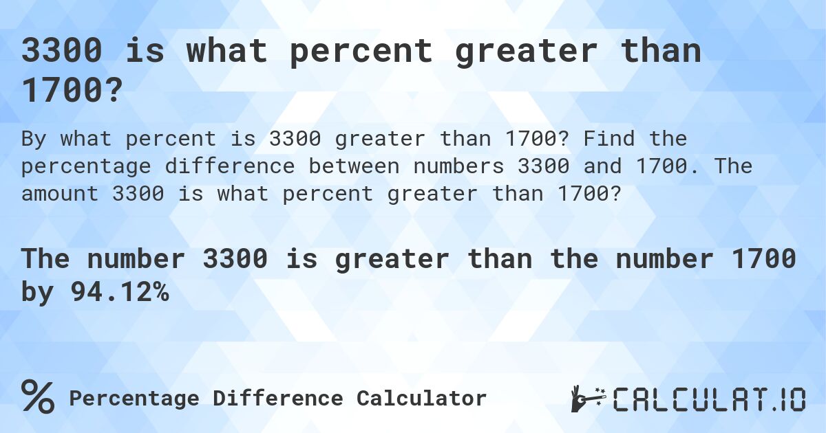 3300 is what percent greater than 1700?. Find the percentage difference between numbers 3300 and 1700. The amount 3300 is what percent greater than 1700?