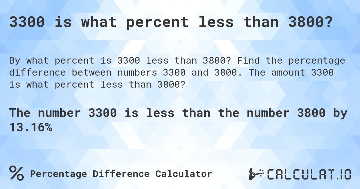 3300 is what percent less than 3800?. Find the percentage difference between numbers 3300 and 3800. The amount 3300 is what percent less than 3800?