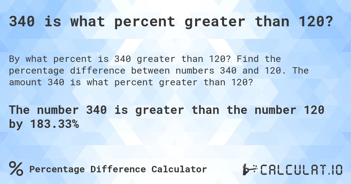 340 is what percent greater than 120?. Find the percentage difference between numbers 340 and 120. The amount 340 is what percent greater than 120?