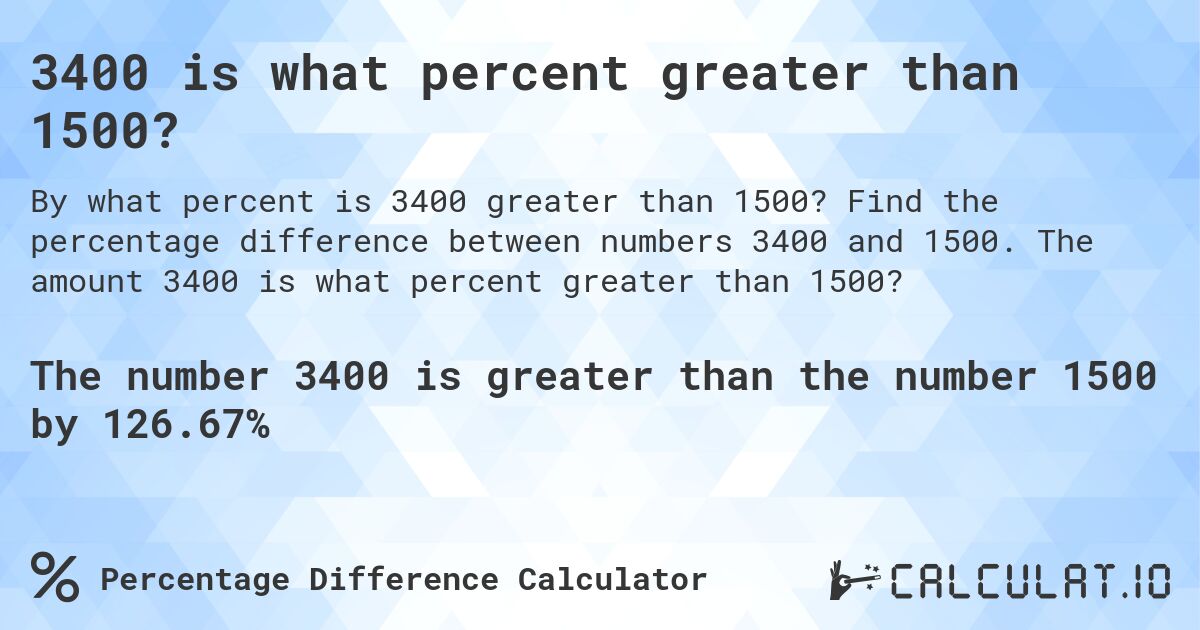 3400 is what percent greater than 1500?. Find the percentage difference between numbers 3400 and 1500. The amount 3400 is what percent greater than 1500?