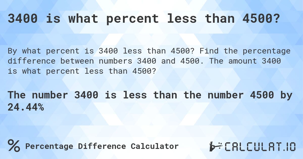 3400 is what percent less than 4500?. Find the percentage difference between numbers 3400 and 4500. The amount 3400 is what percent less than 4500?