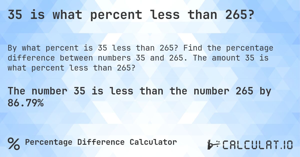 35 is what percent less than 265?. Find the percentage difference between numbers 35 and 265. The amount 35 is what percent less than 265?