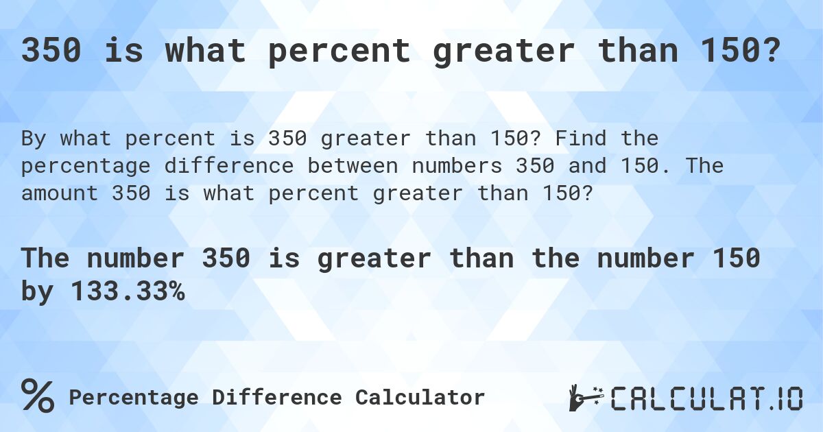 350 is what percent greater than 150?. Find the percentage difference between numbers 350 and 150. The amount 350 is what percent greater than 150?