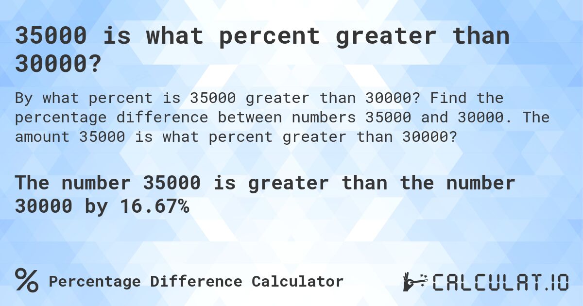 35000 is what percent greater than 30000?. Find the percentage difference between numbers 35000 and 30000. The amount 35000 is what percent greater than 30000?