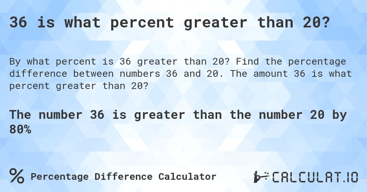 36 is what percent greater than 20?. Find the percentage difference between numbers 36 and 20. The amount 36 is what percent greater than 20?