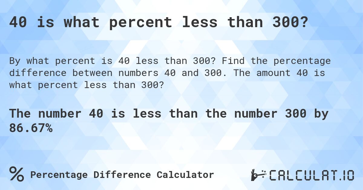40 is what percent less than 300?. Find the percentage difference between numbers 40 and 300. The amount 40 is what percent less than 300?
