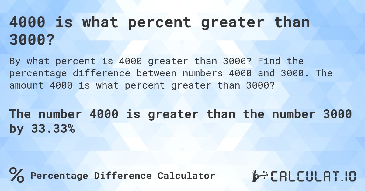 4000 is what percent greater than 3000?. Find the percentage difference between numbers 4000 and 3000. The amount 4000 is what percent greater than 3000?