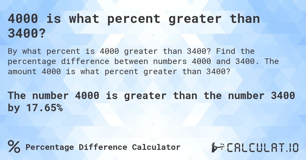 4000 is what percent greater than 3400?. Find the percentage difference between numbers 4000 and 3400. The amount 4000 is what percent greater than 3400?
