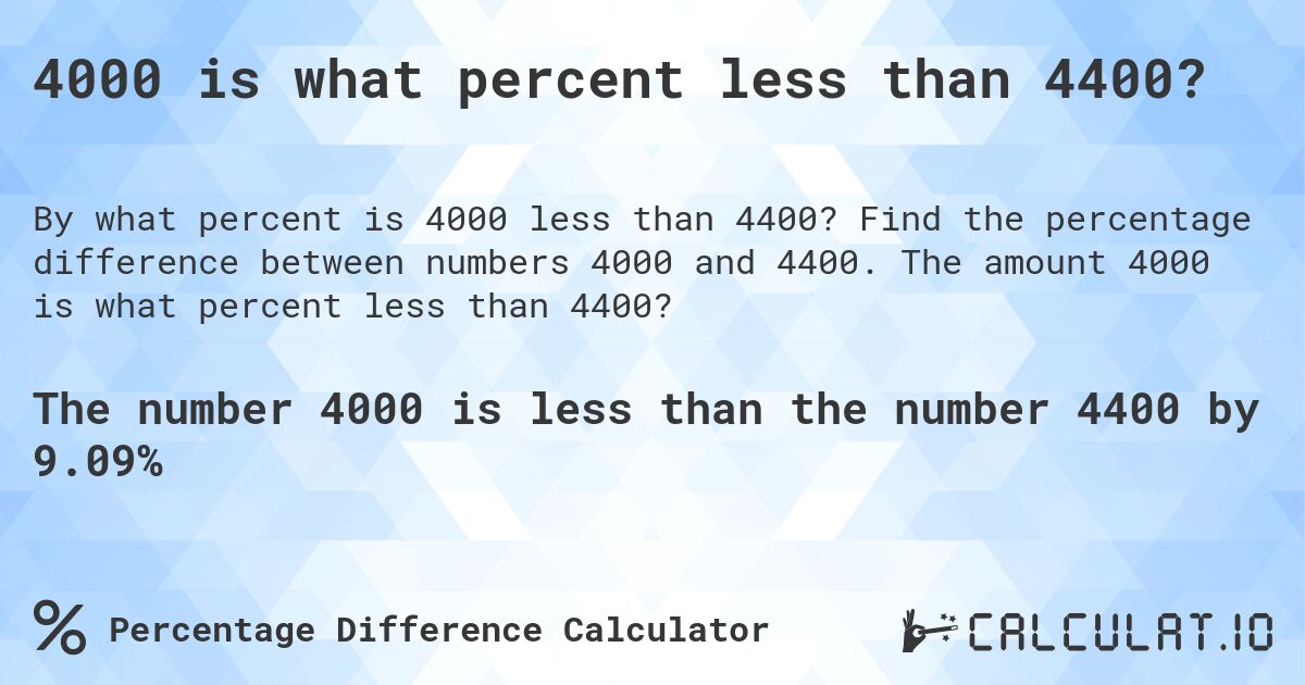 4000 is what percent less than 4400?. Find the percentage difference between numbers 4000 and 4400. The amount 4000 is what percent less than 4400?