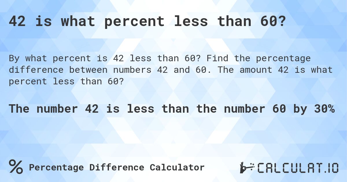 42 is what percent less than 60?. Find the percentage difference between numbers 42 and 60. The amount 42 is what percent less than 60?