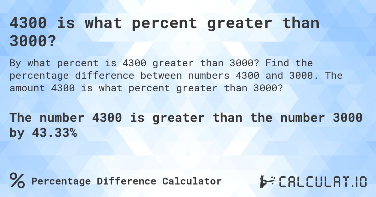 4300 is what percent greater than 3000?. Find the percentage difference between numbers 4300 and 3000. The amount 4300 is what percent greater than 3000?