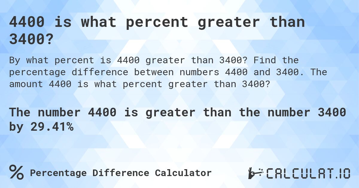 4400 is what percent greater than 3400?. Find the percentage difference between numbers 4400 and 3400. The amount 4400 is what percent greater than 3400?