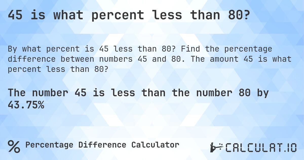 45 is what percent less than 80?. Find the percentage difference between numbers 45 and 80. The amount 45 is what percent less than 80?