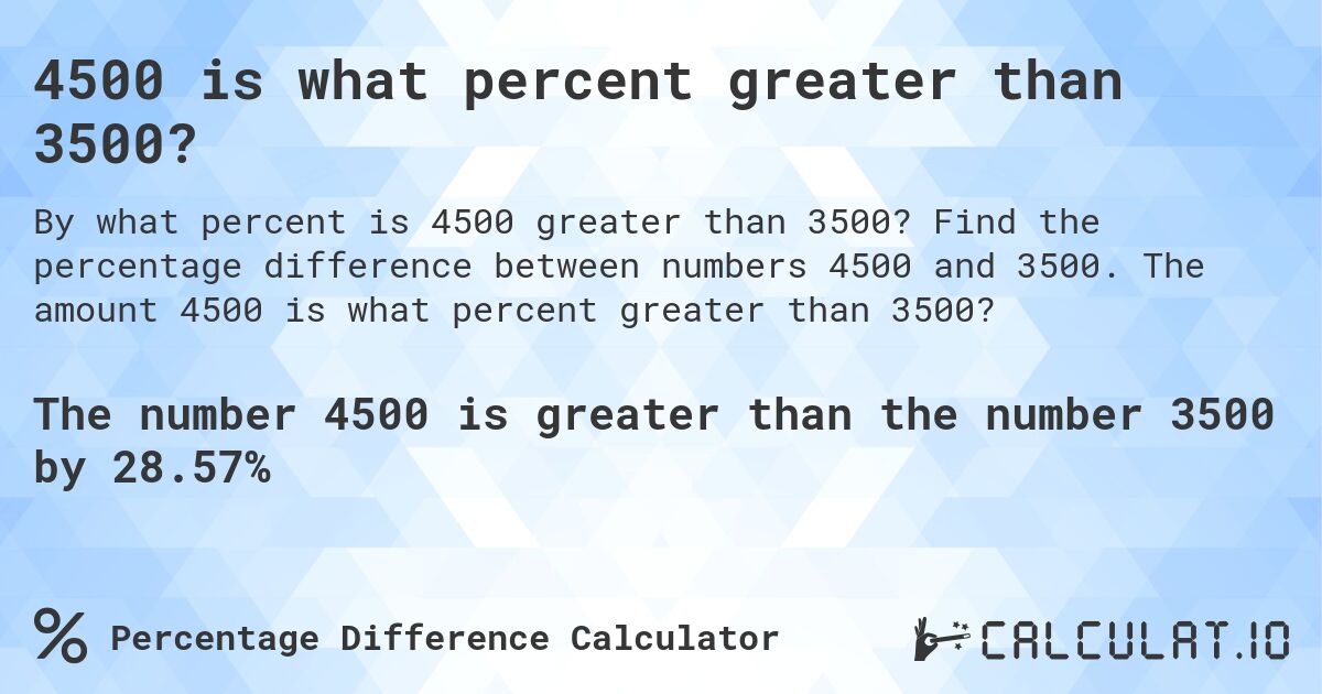 4500 is what percent greater than 3500?. Find the percentage difference between numbers 4500 and 3500. The amount 4500 is what percent greater than 3500?