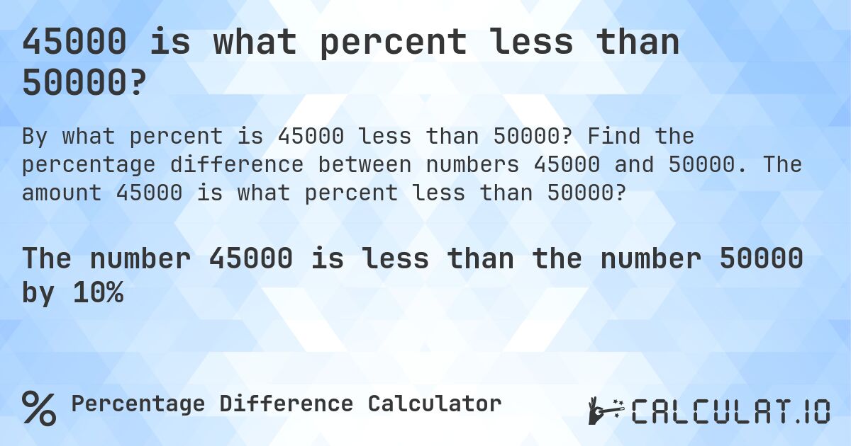 45000 is what percent less than 50000?. Find the percentage difference between numbers 45000 and 50000. The amount 45000 is what percent less than 50000?