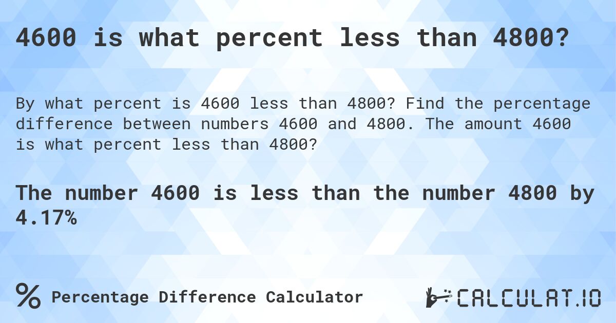 4600 is what percent less than 4800?. Find the percentage difference between numbers 4600 and 4800. The amount 4600 is what percent less than 4800?