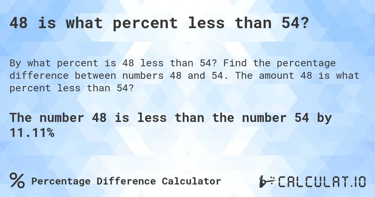 48 is what percent less than 54?. Find the percentage difference between numbers 48 and 54. The amount 48 is what percent less than 54?