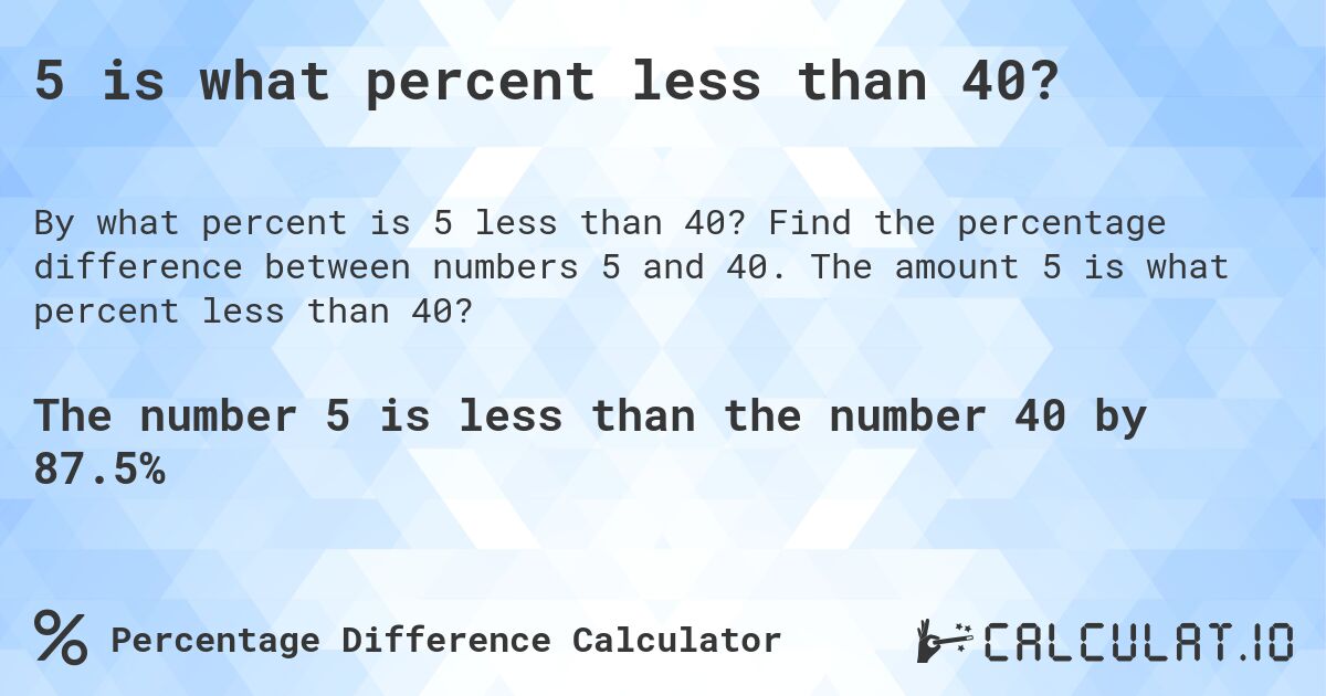 5 is what percent less than 40?. Find the percentage difference between numbers 5 and 40. The amount 5 is what percent less than 40?