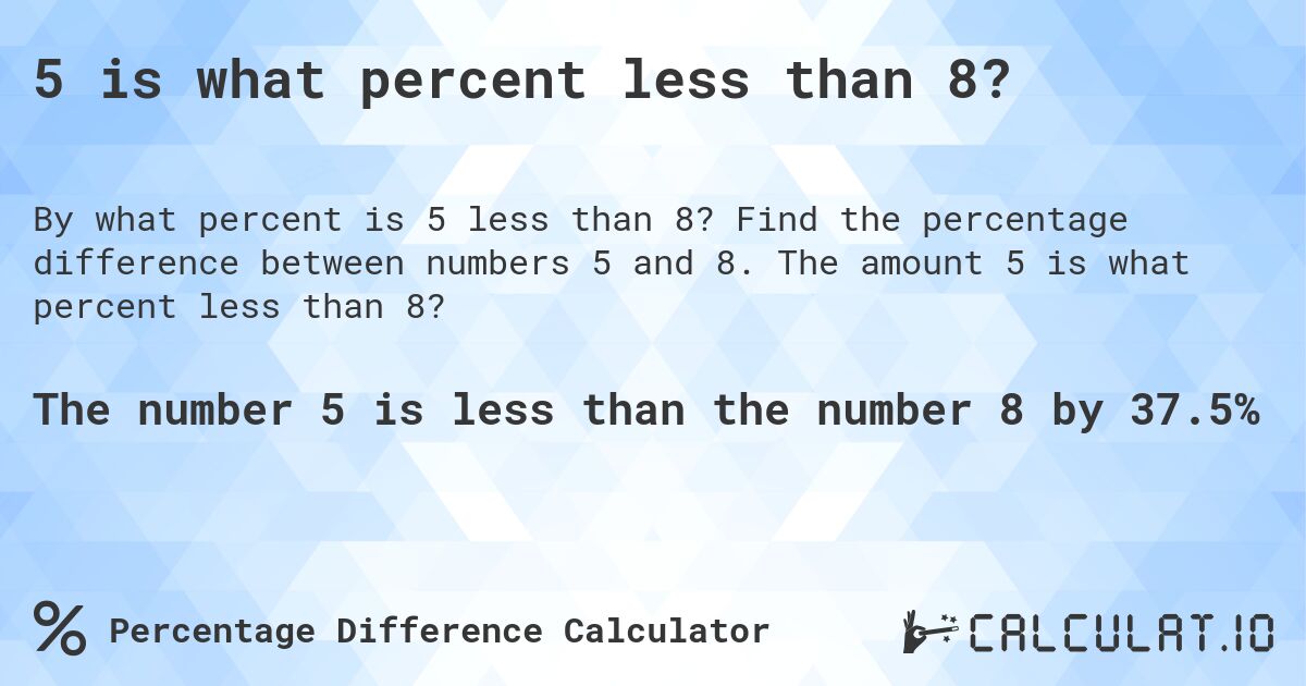 5 is what percent less than 8?. Find the percentage difference between numbers 5 and 8. The amount 5 is what percent less than 8?