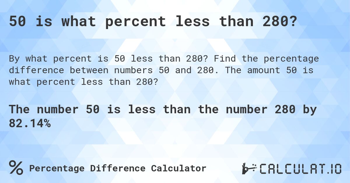 50 is what percent less than 280?. Find the percentage difference between numbers 50 and 280. The amount 50 is what percent less than 280?