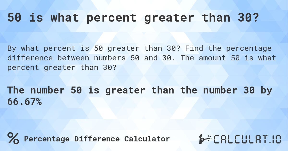 50 is what percent greater than 30?. Find the percentage difference between numbers 50 and 30. The amount 50 is what percent greater than 30?