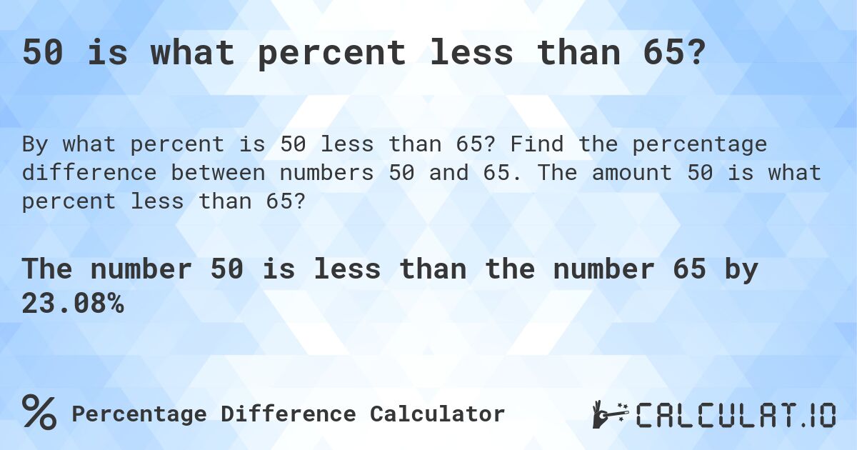 50 is what percent less than 65?. Find the percentage difference between numbers 50 and 65. The amount 50 is what percent less than 65?