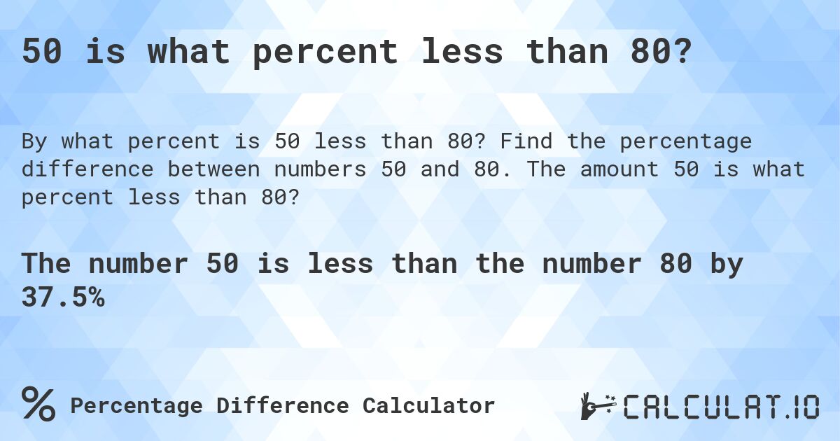 50 is what percent less than 80?. Find the percentage difference between numbers 50 and 80. The amount 50 is what percent less than 80?