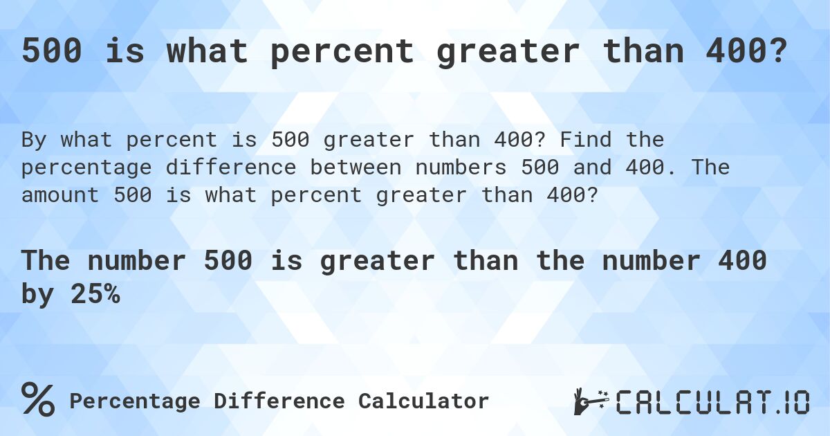 500 is what percent greater than 400?. Find the percentage difference between numbers 500 and 400. The amount 500 is what percent greater than 400?