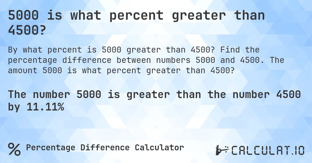 5000 is what percent greater than 4500?. Find the percentage difference between numbers 5000 and 4500. The amount 5000 is what percent greater than 4500?