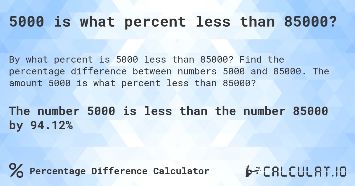 5000 is what percent less than 85000?. Find the percentage difference between numbers 5000 and 85000. The amount 5000 is what percent less than 85000?