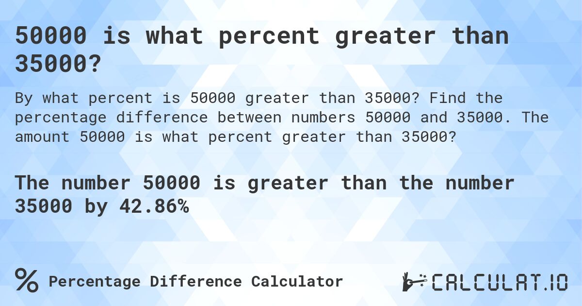 50000 is what percent greater than 35000?. Find the percentage difference between numbers 50000 and 35000. The amount 50000 is what percent greater than 35000?